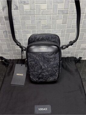 Versace Floral Black Crossbody Bag Zip Buckle Adjustable Strap Medium Men's